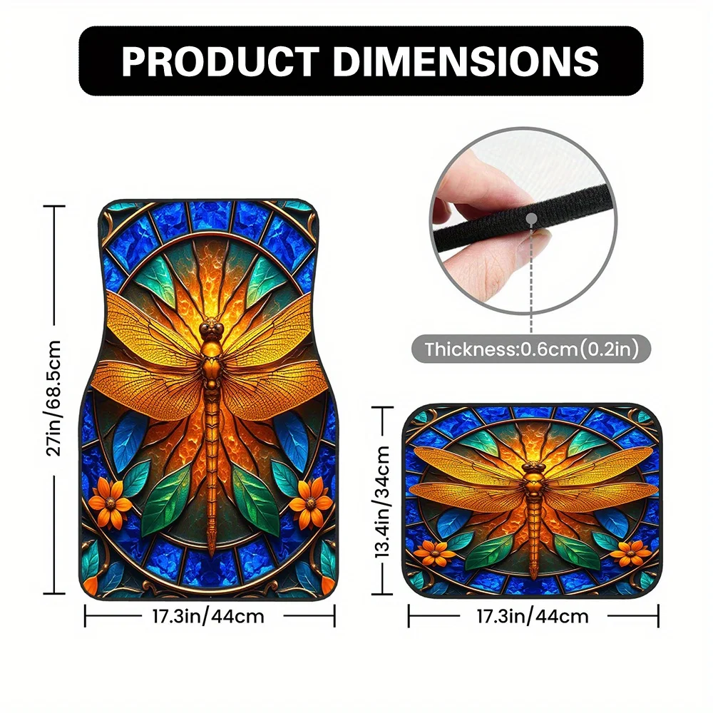 4pcs Stained Glass Dragonfly Car Mats - Vibrant & Orange Floral Design, Durable Polyester, Easy Maintenance, Perfect For SUVs &