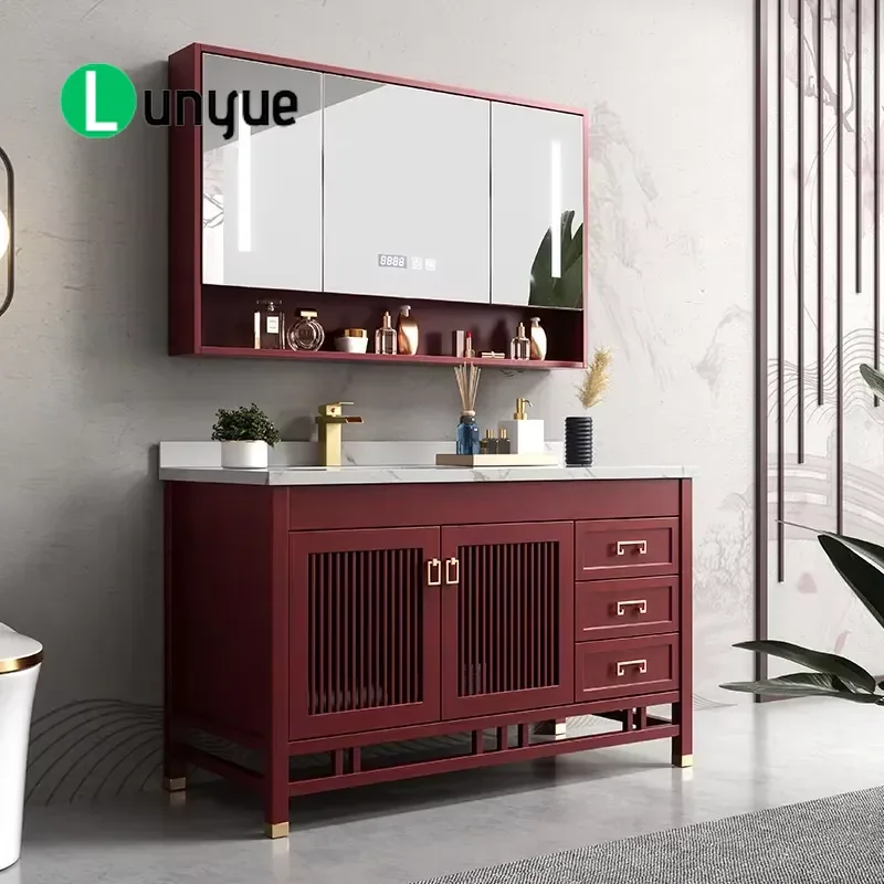 New Chinese Rubber Wood Bathroom Cabinet Set with Marble Countertop Walnut Floor to Ceiling Vanity Matching Washbasin for