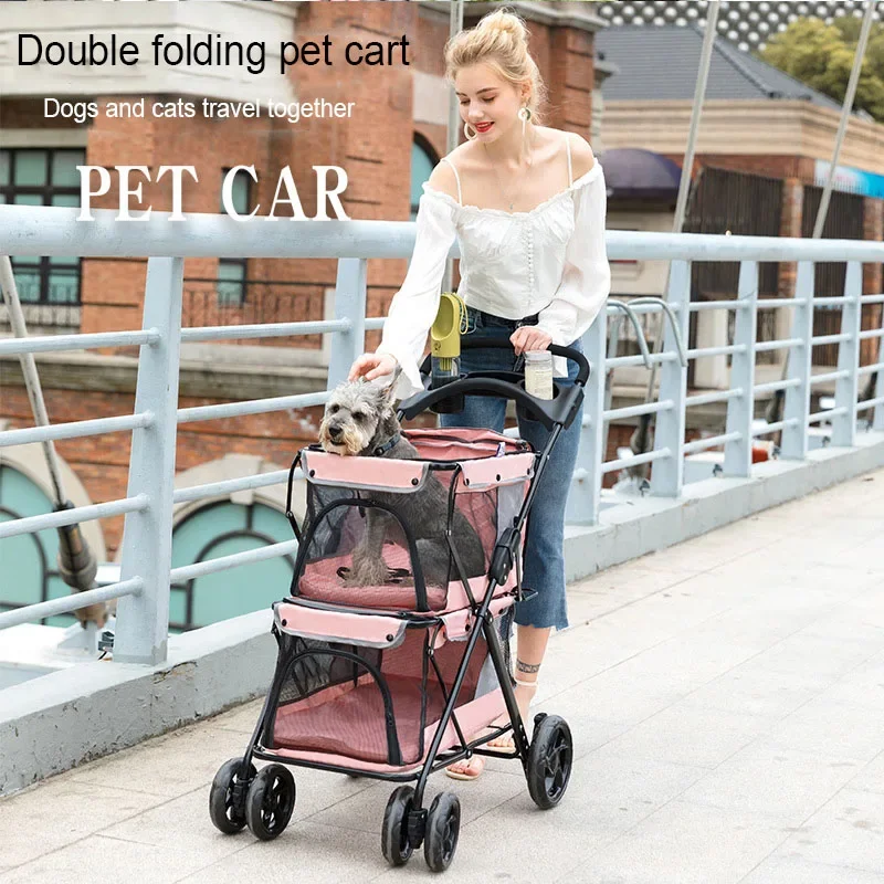 Pet Stroller Carrier For Dogs Portable Folding Double Deck Dog Large Space Trolley Cage Four Wheel Outdoor Travel Pet Scooter