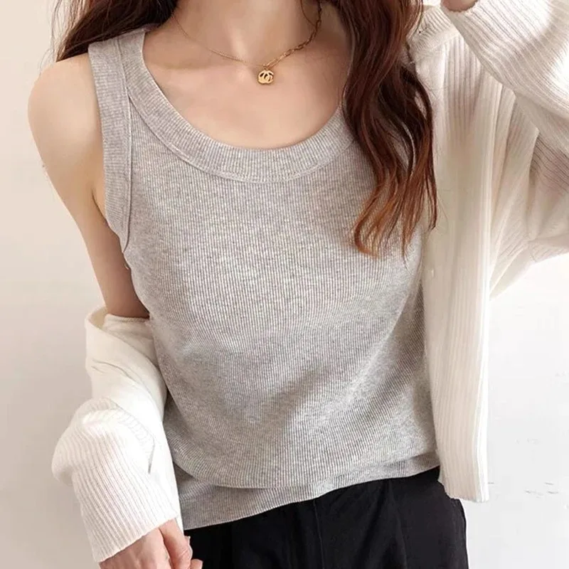 Summer Slim Elastic Ribbed Knitted Vest Girls Sexy Sleeveless Cotton Solid Color Camisole Base Vest Tops Women\'s Intimates Tanks