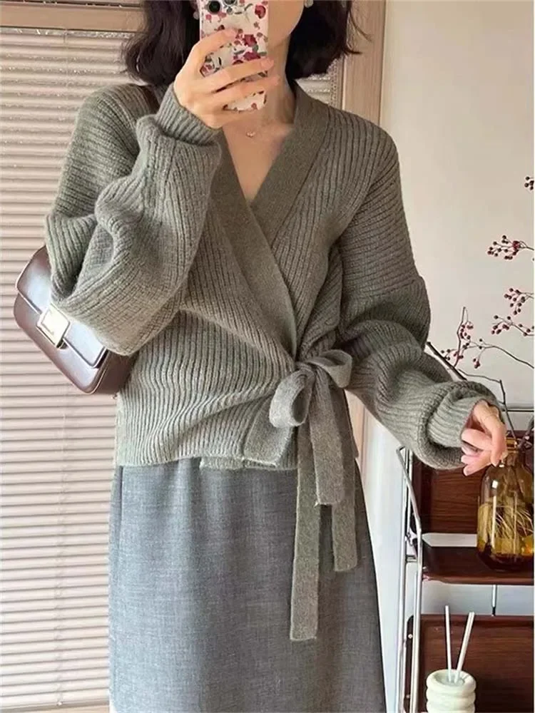 

2024 Autumn Women Solid Loose Loose Warm Short Cardigan Coat Winter Solid Long Sleeve Lace Knitted Sweater