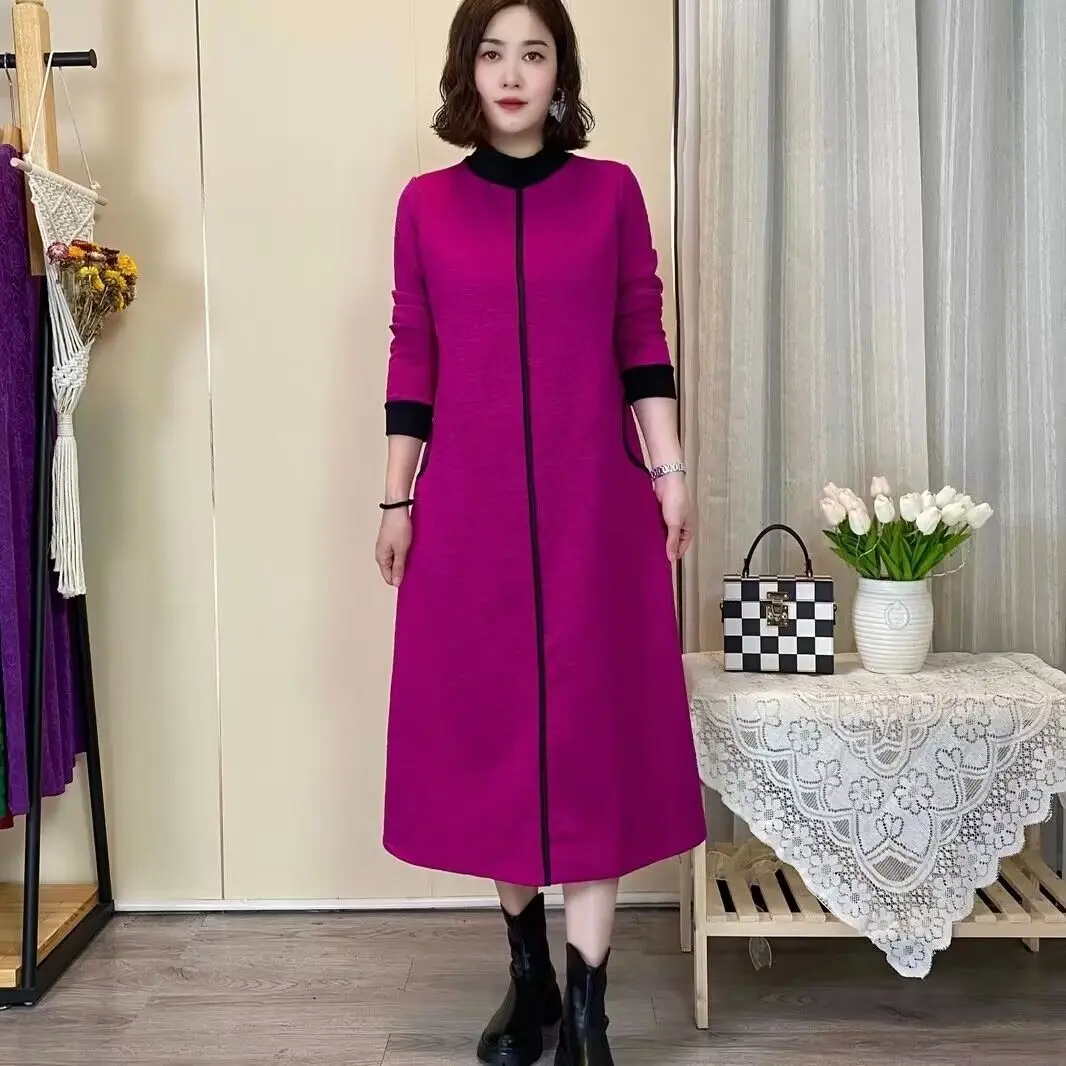 

Осень-зима, однотонное платье трапециевидной формы с круглым воротником на флисовой подкладке, универсальные модные утолщенные длинные платья, женская мешковатая уличная одежда C235