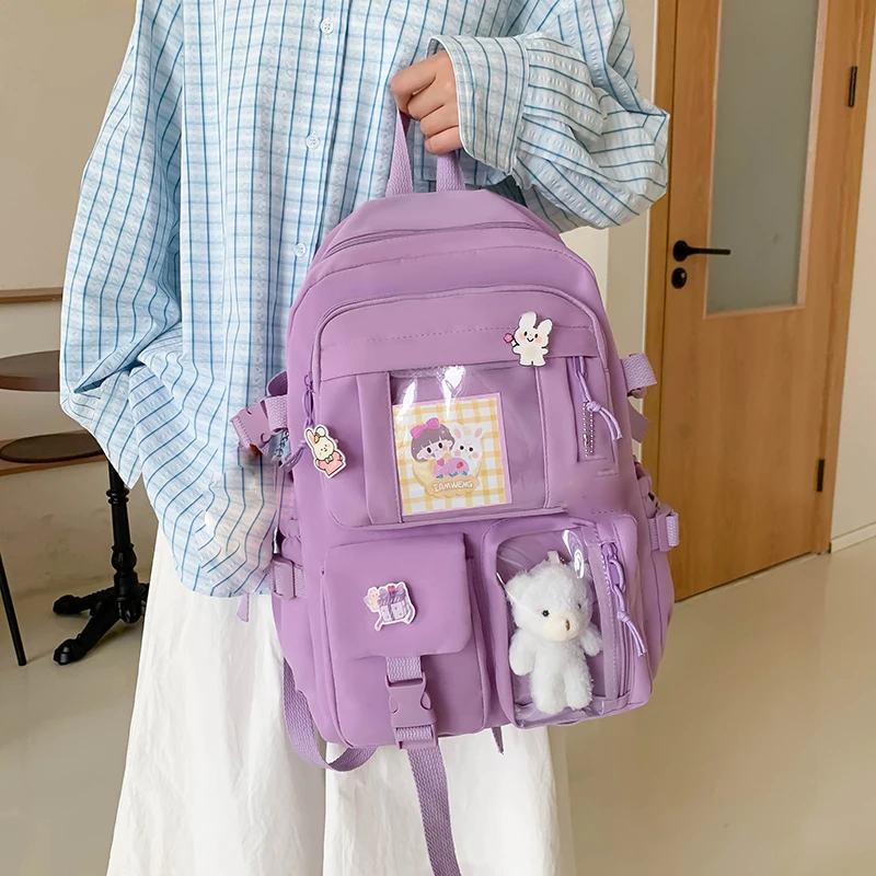 Popular Pink Purple Color Girls High School Student Backpack Bags