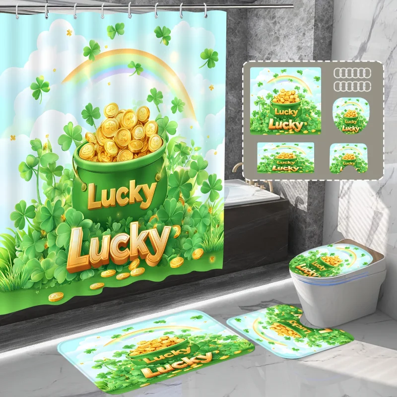 1pc/4pcs St. Patrick's Day Theme, Lucky Four-Leaf Clover Pattern, Waterproof Curtain Can Be Washed, Set Includes Shower C