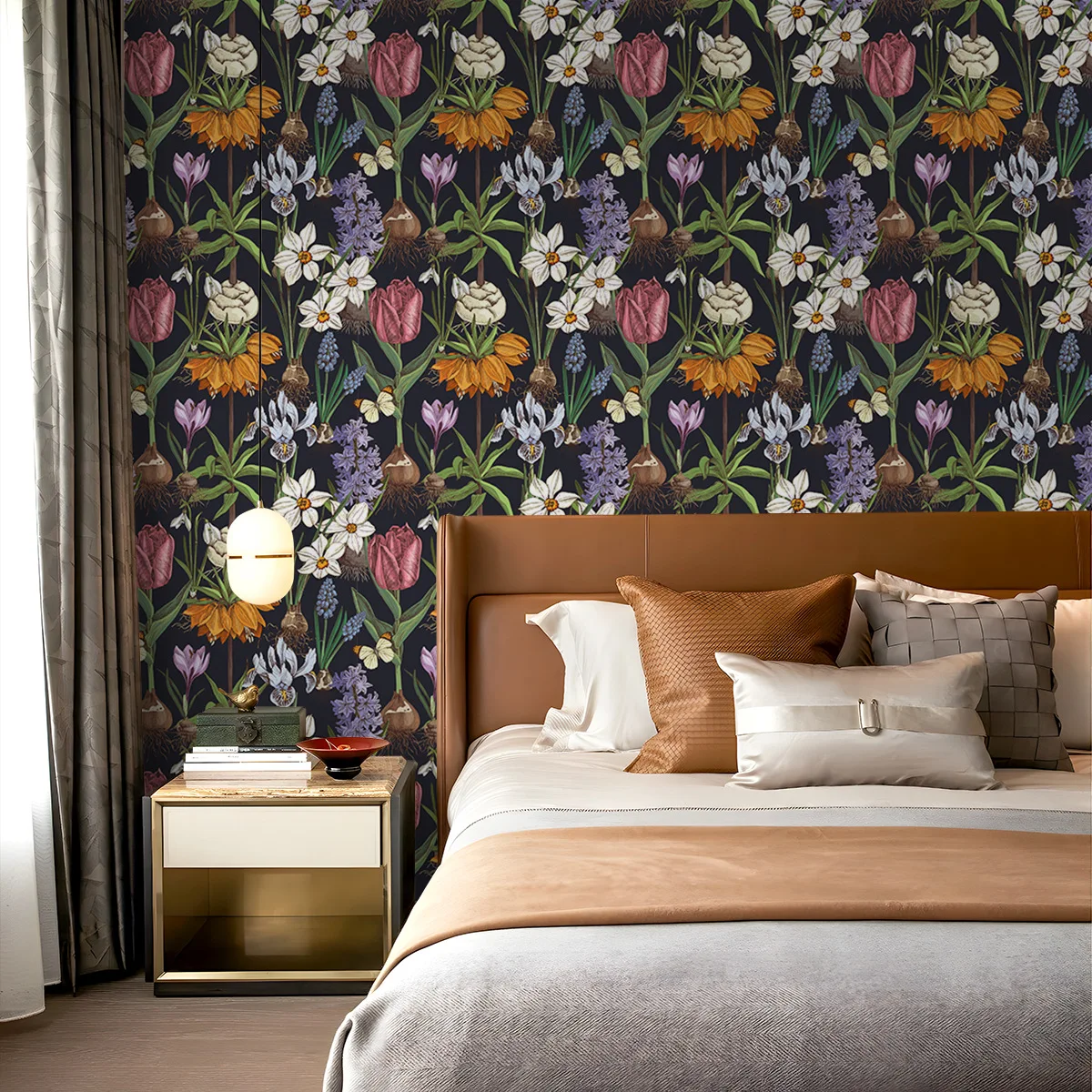Vintage Botanical Floral Peel and Stick Wallpaper Tulip Daffodil Bulb Flower Waterproof Wall Mural Sticker for Bedroom Wall