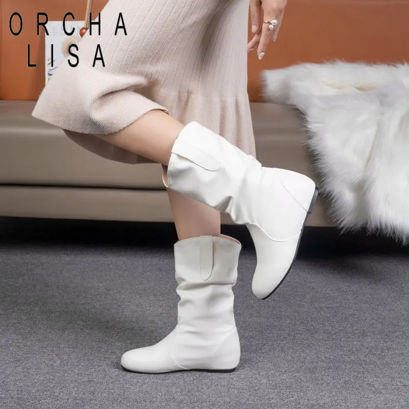 

ORCHA LISA Design Female Ankle Boots Flock Wedges Slip On Pleated Plus Size 45 46 47 48 Leisure Daily Booties for Women