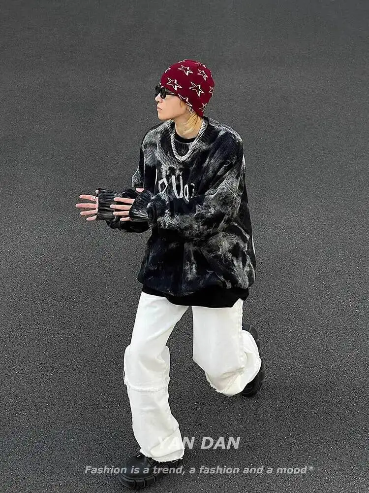 Gothic Punk Men's Knitting Sweater Retro Tie Dye Gradient Knit Sweater Black Street Style Hip Hop Fashionable Pullover Outerwear