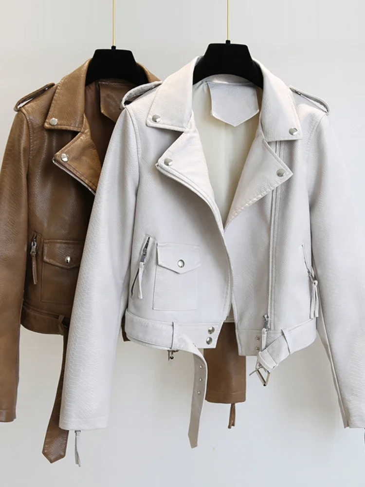 2023 Spring Autumn Women Faux Leather Jacket Slim Streetwear Khaki Leather Coat Biker Moto Jacket with Belt Female Outerwear