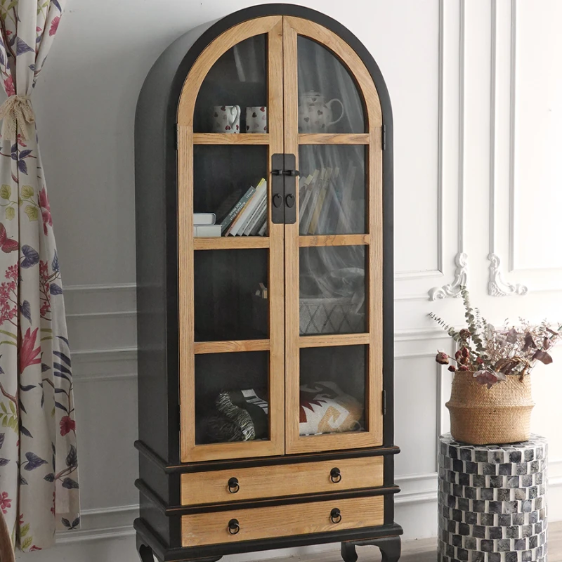 

GZ048 Seeking Home - French countryside style black distressed wood color mixed book display cabinet, dining side cabinet