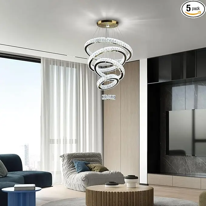 Dixun LED Crystal Chandeliers, Modern 5 Rings Pendant Light Titanium Gold Stainless Steel Height Adjustable Ceiling Light for Be