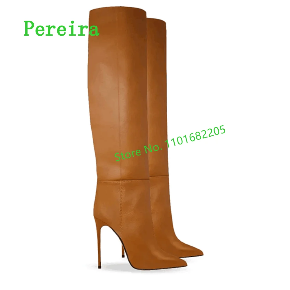 Brown Leather Over The Knee Boots Women's New Arrival Solid Pointed Toe Slip-on Party Commute Plus Size Shoes For Footwear