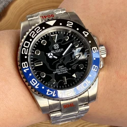 BLIGER NH34 GMT Automatic Watch 100m Waterproof Wristwatch Sapphire Glass 120 clicks Bezel 904L Bracelet Glide Lock SUB  Case