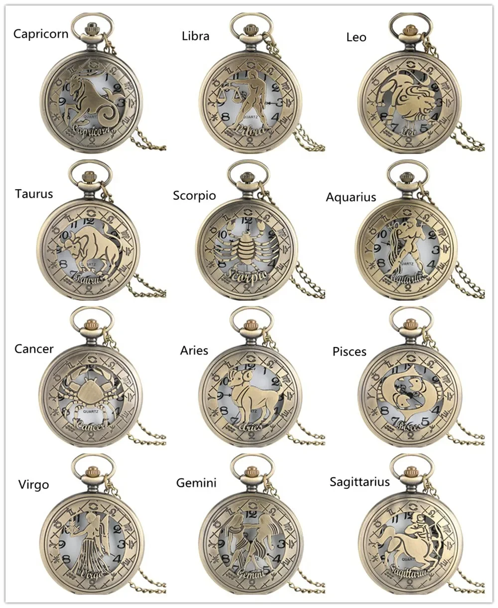 

Vintage Hollow Out Twelve Zodiac Constellation Men Women Analog Quartz Pocket Watch Chain Arabic Number Clock Birthday Gift