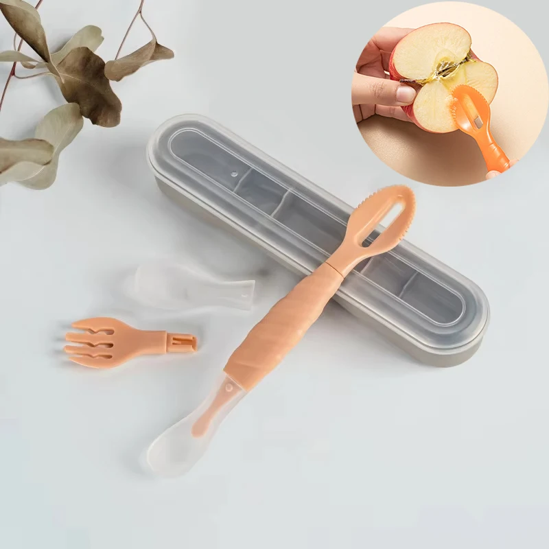 

1pc Baby Spoon Multifunctional 4 In 1 Food Supplement Spoon Fork Set Silicone PP Scraping Fruit Puree Peeling Fork Noodles Fruit