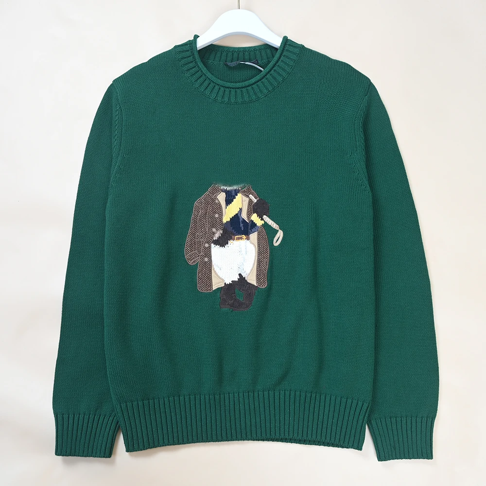 Loose Knitted Long Sleeve round Neck Sweater for Men with Embroidery Cartoon Pattern Cuff Autumn Warm Fashion Male Knitwear