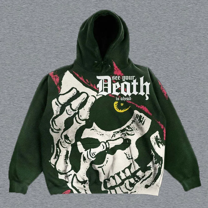 High Quality Pure Cotton Retro Gothic Men\'s Hoodies  Alphabet Blast Print Skull Pattern Sweatshirt Men Harajuku Pullover Hoodie