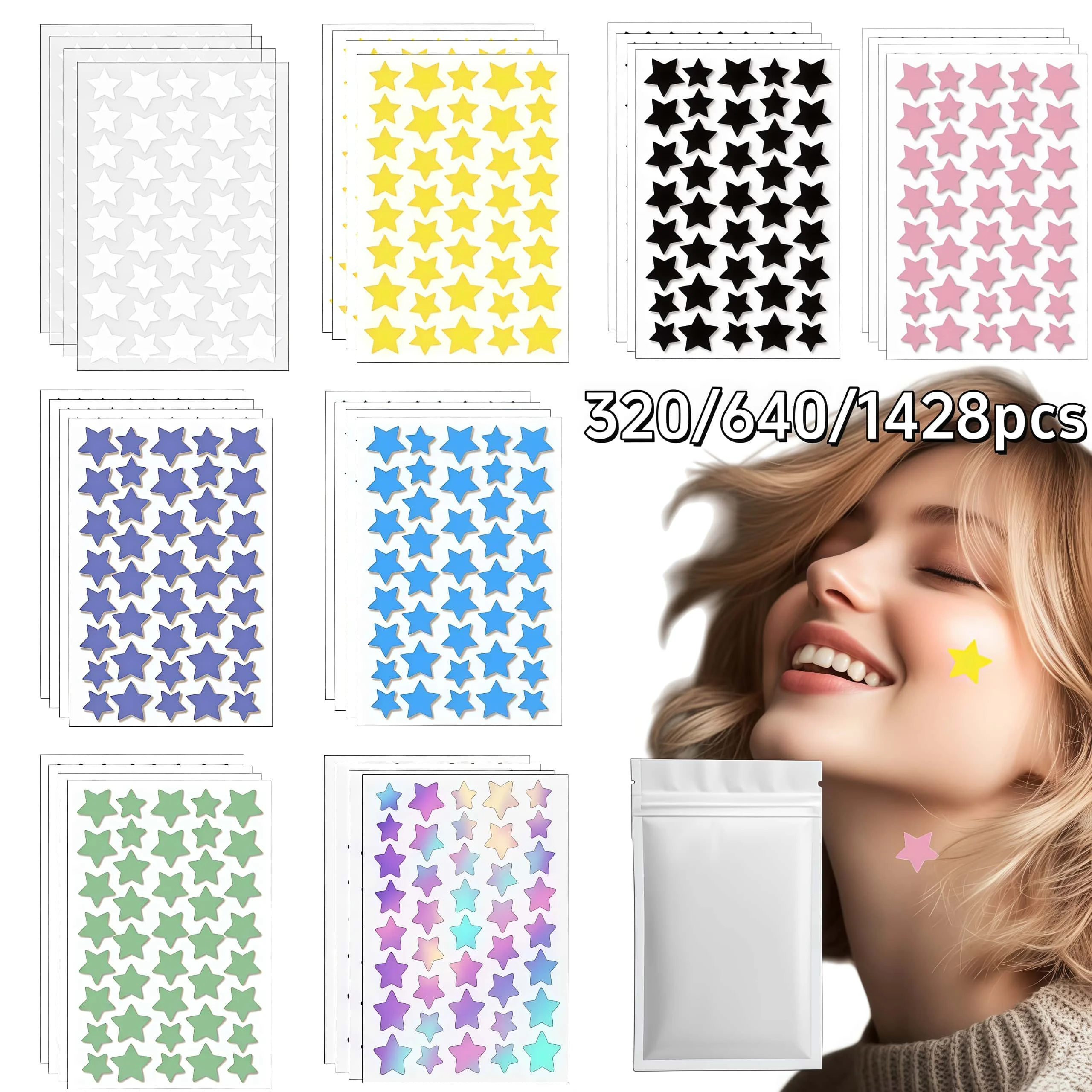 

Vibrant 8-Color Star Pimple Patches - 320/640/1428pcs, Absorbs Impurities, Skin-Safe & Comfortable for All Skin Types