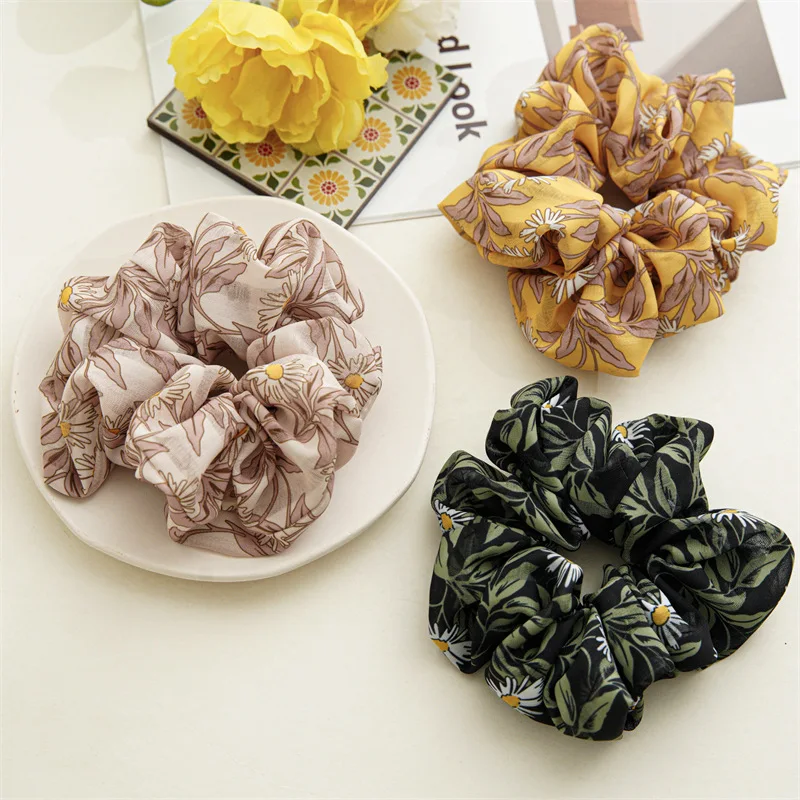 Summer New Large Wide Version  Floral Cloth Hair Ties Elastic Scrunchies Fashion Trendy Wholesale Flower Hair Scrunchies