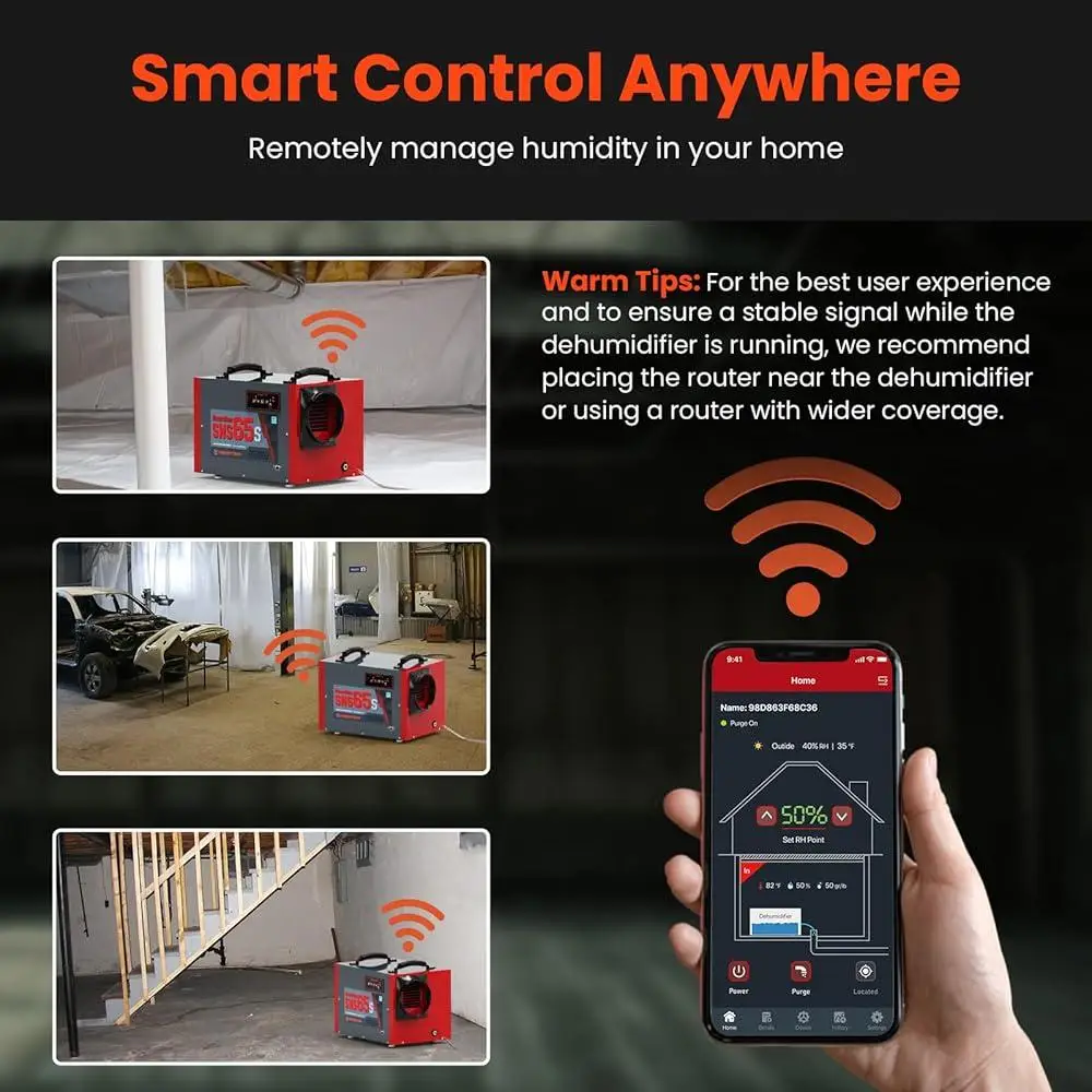 Wi-Fi Controlled Crawl Space Dehumidifier with Automatic Defrost Drainage Solution Commercial and Residential Use