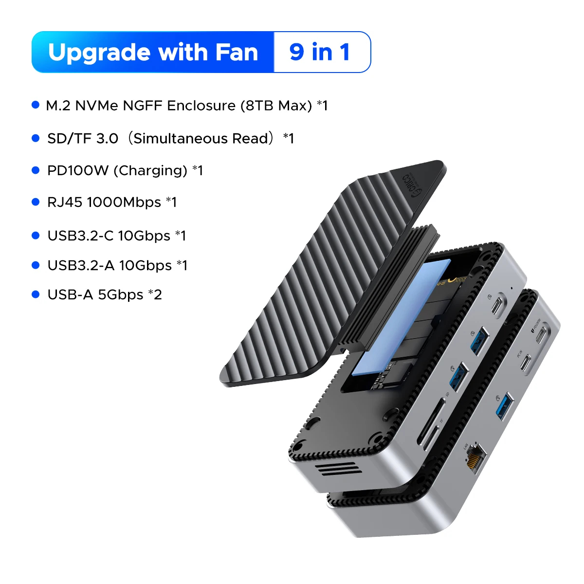 ORICO USB C 12-in-1 Docking Station HUB with Cooling Fan M.2 NVMe