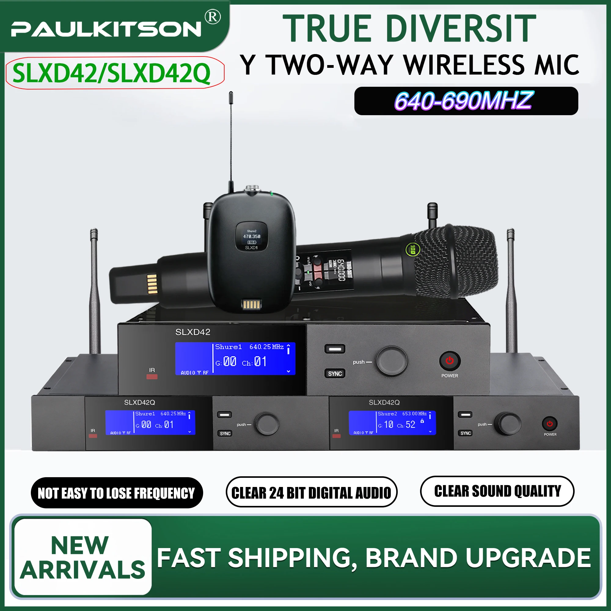 Paulkitson SLXD42 True Diversity Wireless Microphone System 640-690MHz Two Channel Stable Signal Mic for Bar Home Party Stage