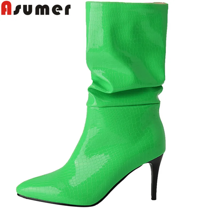 

ASUMER 2022 Size 34-48 New Patent Leather Mid Calf Boots Ladies Winter Shoes Slip On Thin High Heels Women Boots