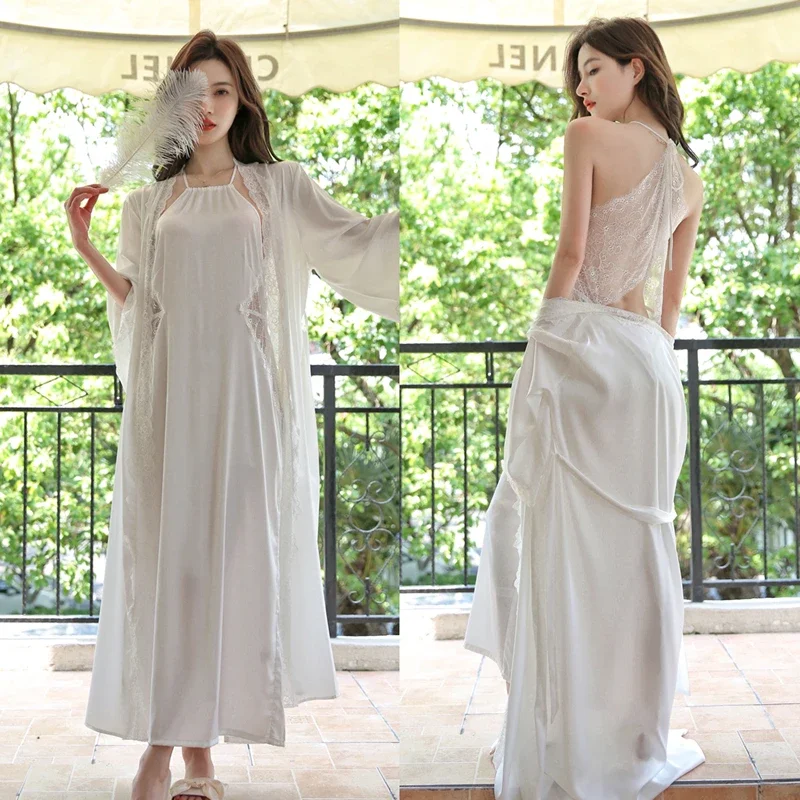 Sexy Full Slip Lace White Silk Pajamas Set Women Backless Bride Wedding Robe Nightgown Sleepwear Kimono Bathrobe Lingerie