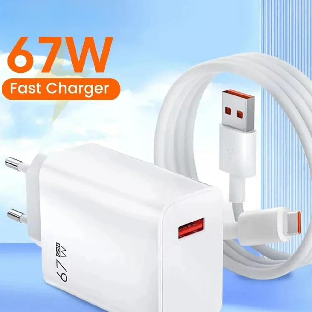 67W GaN Fast Charging Wall Charger Adapter 6A USB‑C Fast Charging Cable, QC3.0 Quick Charge EU Plug For Xiaomi 15 Redmi HUAWEI