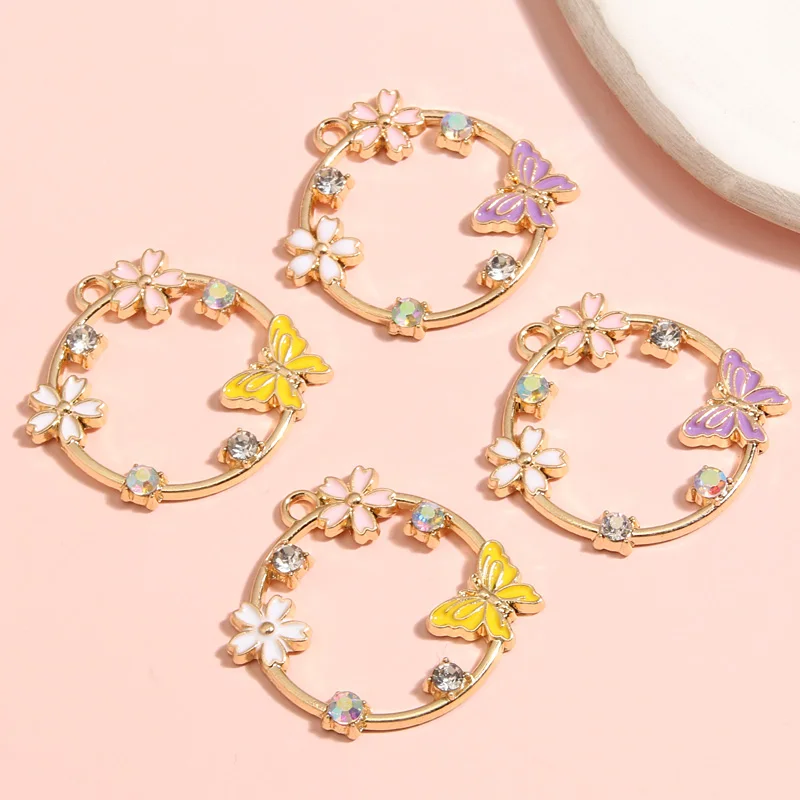 10pcs Gold Color 28x28mm Cute Enamel Garden Charms Flower Butterfly Pendant Fit Earrings Jewelry Making Handcrafted Accessories