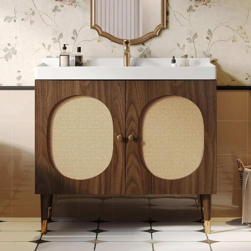 36" Rattan Vanity with Sink, Freestanding Bathroom Vanity Cabinet, Boho Style with 2 Large Soft-Closing Doors & Four-Sided