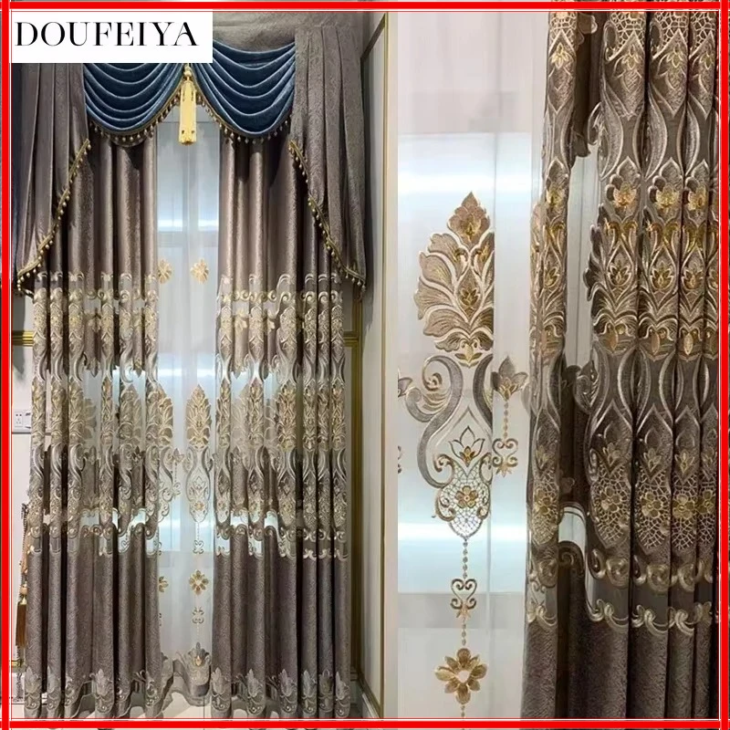European Embroidered Grey Luxury Curtains for Living Room Bedroom Blackout Valance Window Screening Villa Decor Tulle Custom