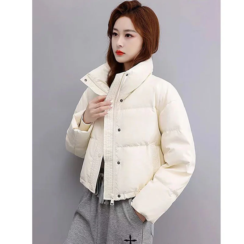 CoffeeMaillard Stand Up Collar New Short 2024 Winter Petite Fashion Bread Warm Thickened PU Leather Down Cotton Jacket For Women