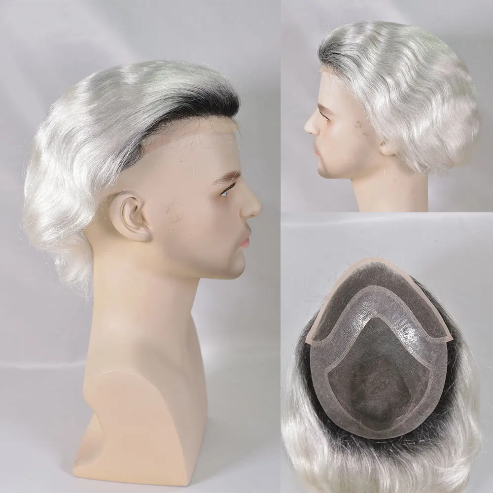 European Virgin Human Hair 10x8'' Men's Toupee Mono Swiss Lace Base with PU Perimeter Natural Omber 60R#Premium Replacement Hair