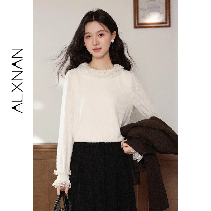 

ALXNAN Apricot Shirt for Women French Lace Panel Elegant Long Sleeve Blouse 2025 Fall Brushed Knit Texture Tops Female L58861