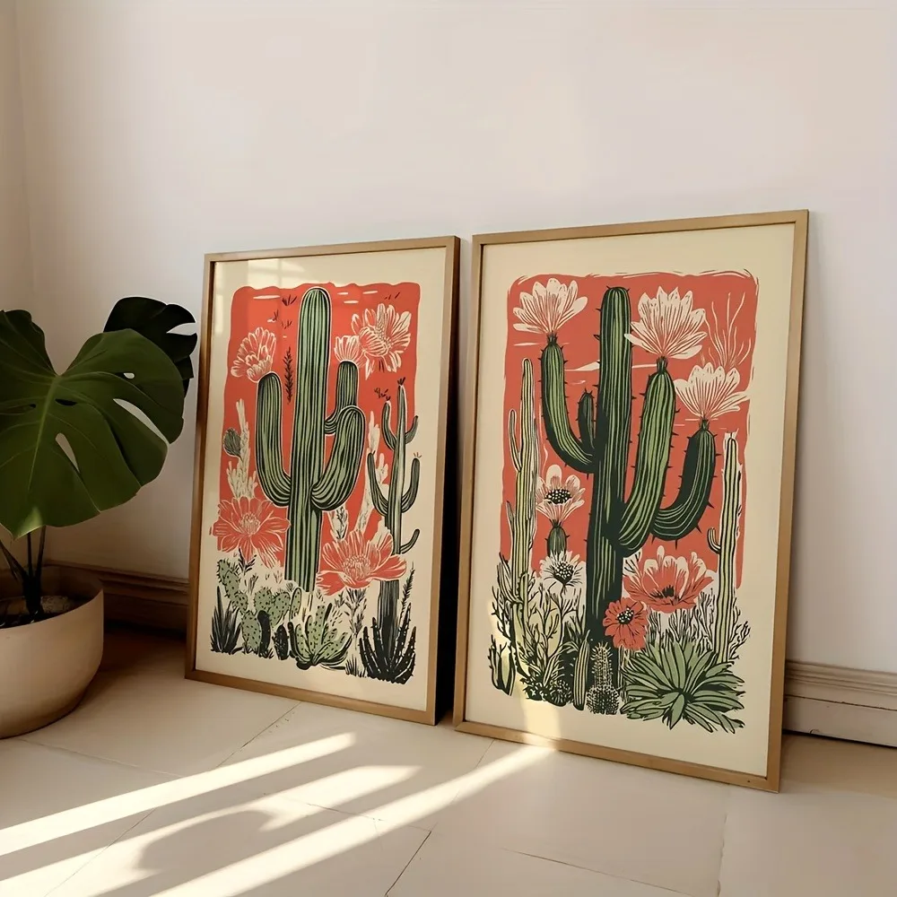 2PCS Large-sized frameless canvas paintings,Frameless Retro Bohemian Cactus Flower Posters Retro Southwest  Desert Plant Flower