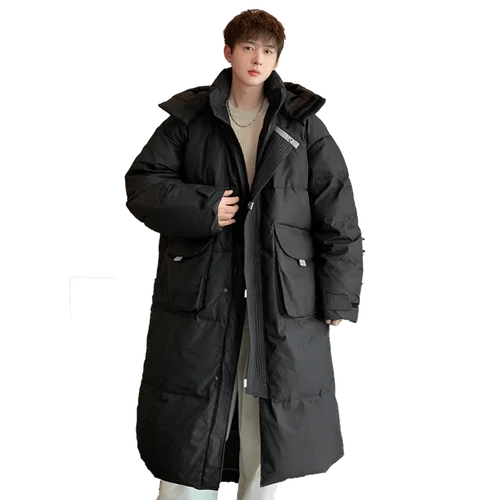 X-Long 다운 재킷 남녀공용, 화이트 덕 다운, 방한 코트, 후드 대형 포켓 의류, 고품질, 겨울