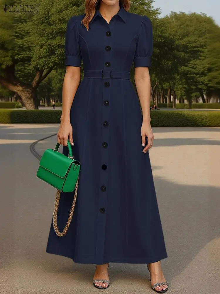 ZANZEA فستان طويل أنيق للحفلات مع حزام 2025 صيفي نسائي سادة بأكمام قصيرة ماكسي فيستدوس موضة الزفاف قميص ذو طية صدر السترة رداء #2