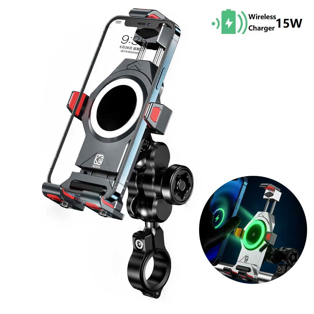 

Anti-Theft Aluminum Alloy Motorcycle Phone Holder Qi 15W Wireless Charger Vibration Dampener One-Push Automatically Lock Mount