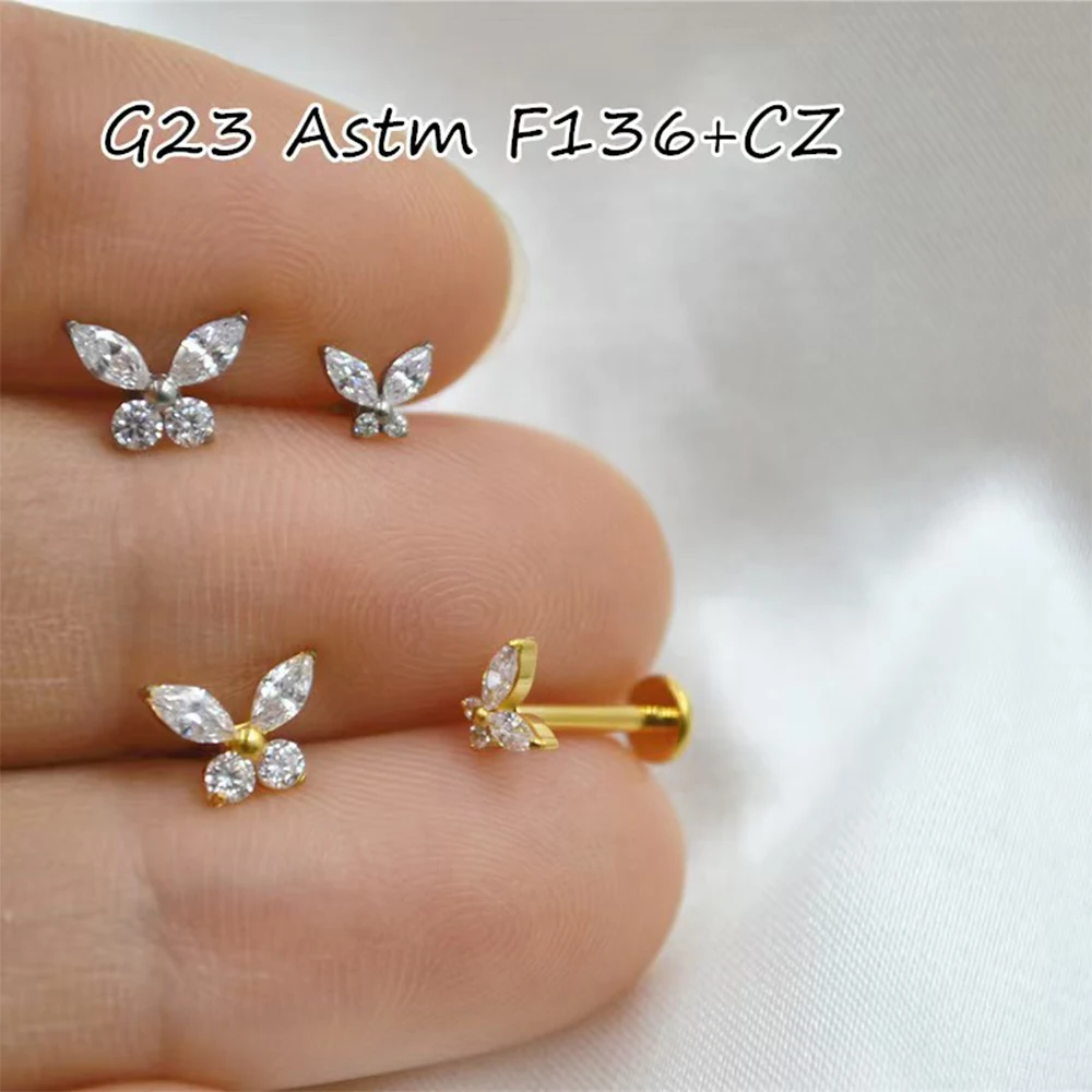 ASTM F136 Titan Butterfly Tiny Trinity CZ Labret Stud 16G Dreifach-CZ-Blumen-Knorpel-Ohrstecker Nasen-Medusa-Ohrlochpiercing – Detail 6