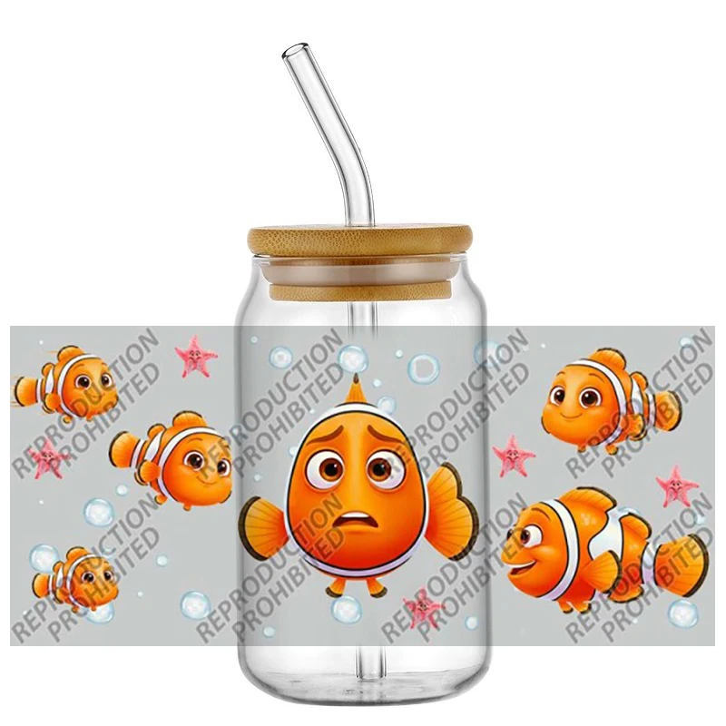 Hotsale cartoon sea fish Designs 16oz UV DTF 3D Cartoon Transfer Sticker Decals Wraps Glass Can Cups Creative Craft DIY