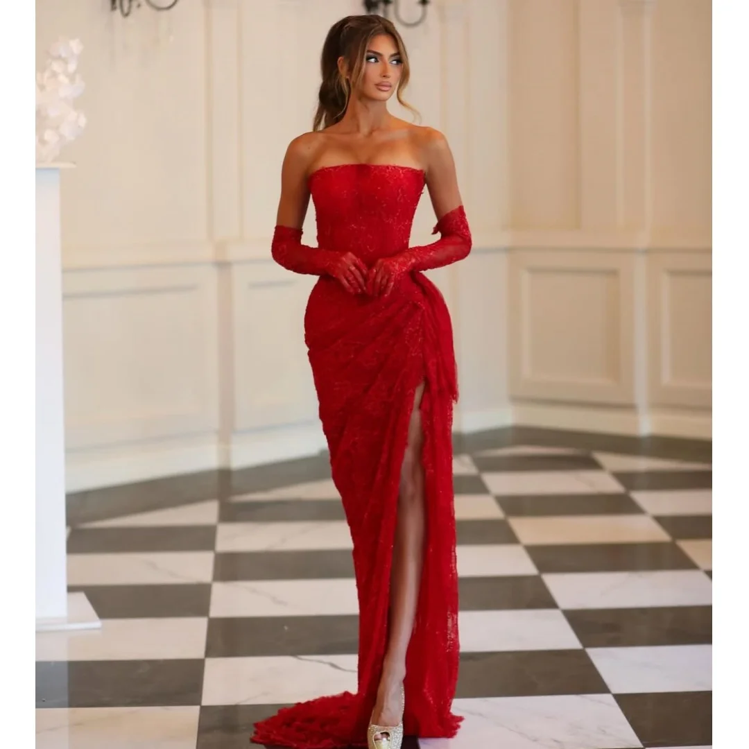 

Red Strapless Evening Dresses with Slit Lace vestidos de noche Gloves Prom Dress Formal Wedding Party Gown Customized