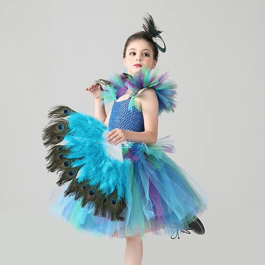 Peacock Enfant Kleid, Pfauenfeder-Cosplay, Karnevalskostüme für Kinder, Halloween, Karneval, Purim, Pfauen-Prinzessinnen-Set – Detail 8
