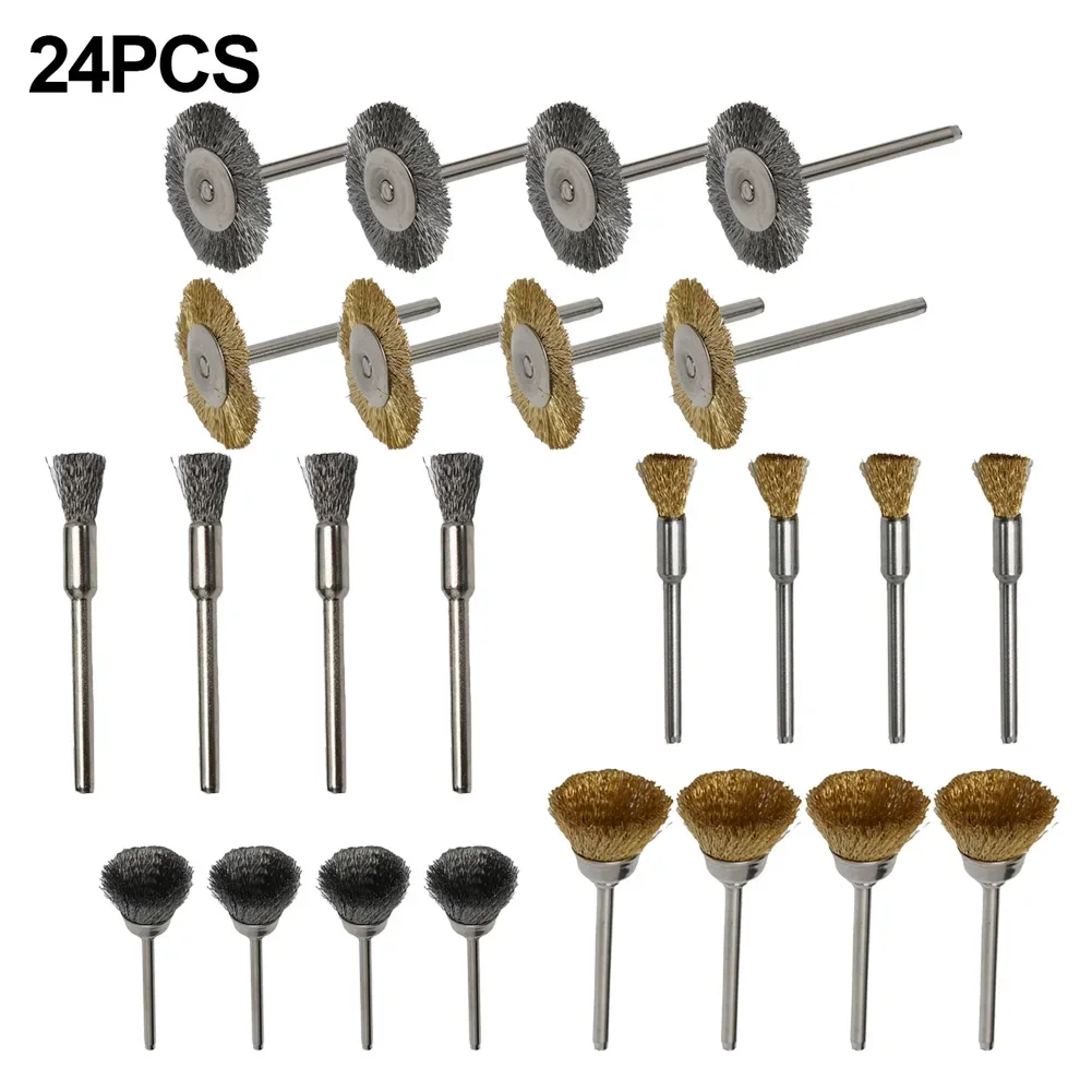 Kit de ferramentas de polimento para ferramentas rotativas, latão e fio de aço, disco escova, roda, acessórios, 24pcs