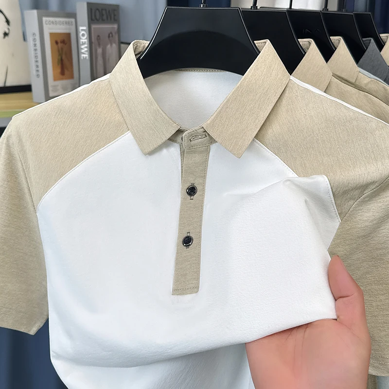 

Высококачественная рубашка-поло из ледяного шелка с короткими рукавами мужская летняя футболка 2025 года новая трендовая корейская повседневная футболка с цветными блоками