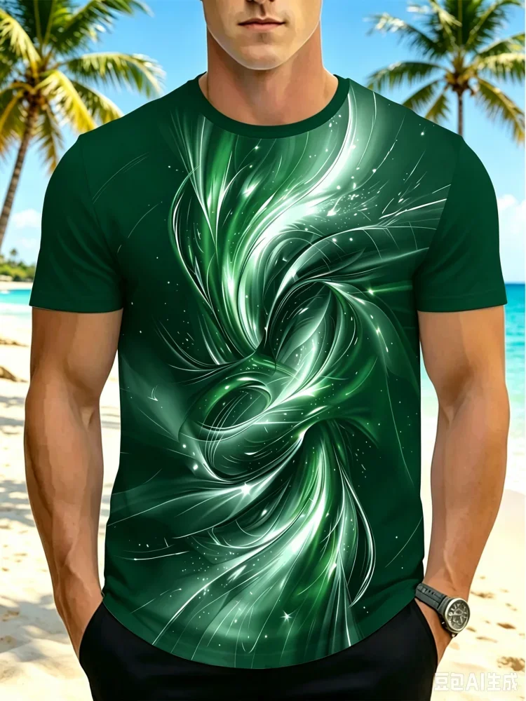 Trendy Men's Abstract Swirl Fluid Art Print T‑Shirt Red Black Glitter Starburst Pattern Short Sleeve Modern Casual Tee Tops