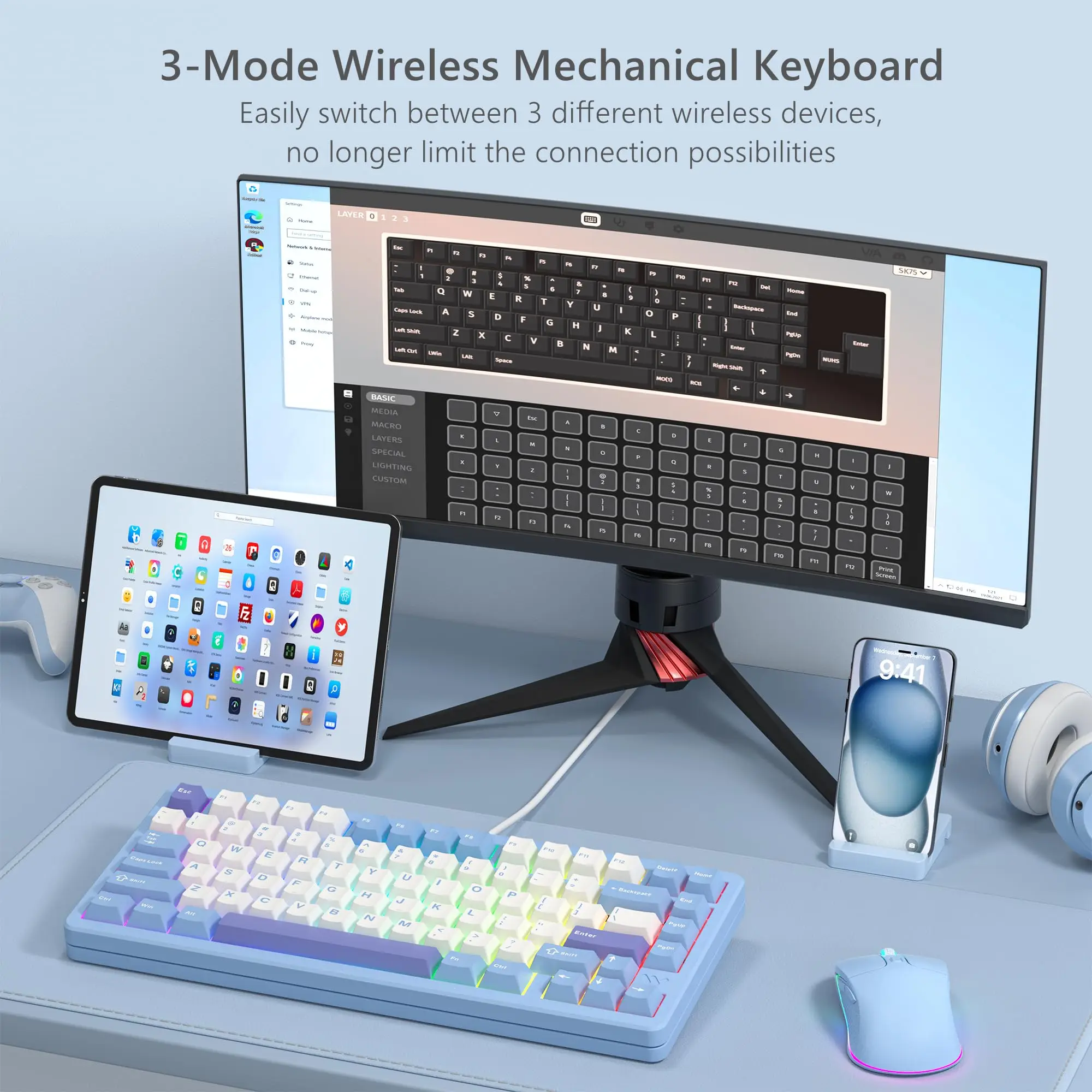 Womier SK75 75% Tri-Mode Aluminum Alloy Shell Blue Hot Swap Gaming Mechanical Keyboard RGB Wireless Gasket Mounted Keyboard