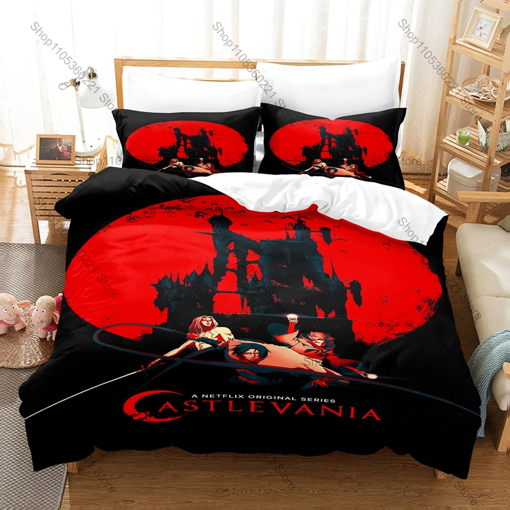 Cool Castlevania Bedding Set Duvet Cover + 2 Pillowcases Gothic Vampire Dark Fantasy Game Anime Castle Horror Bedroom Decor