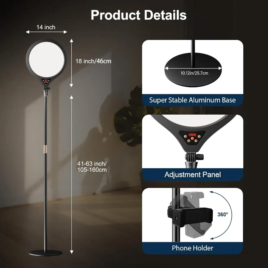 14 مصباح حلقي LED احترافي مع حامل ارتفاع قابل للتعديل لتسجيل الفيديو والبث المباشر مثالي لإنشاء المحتوى o