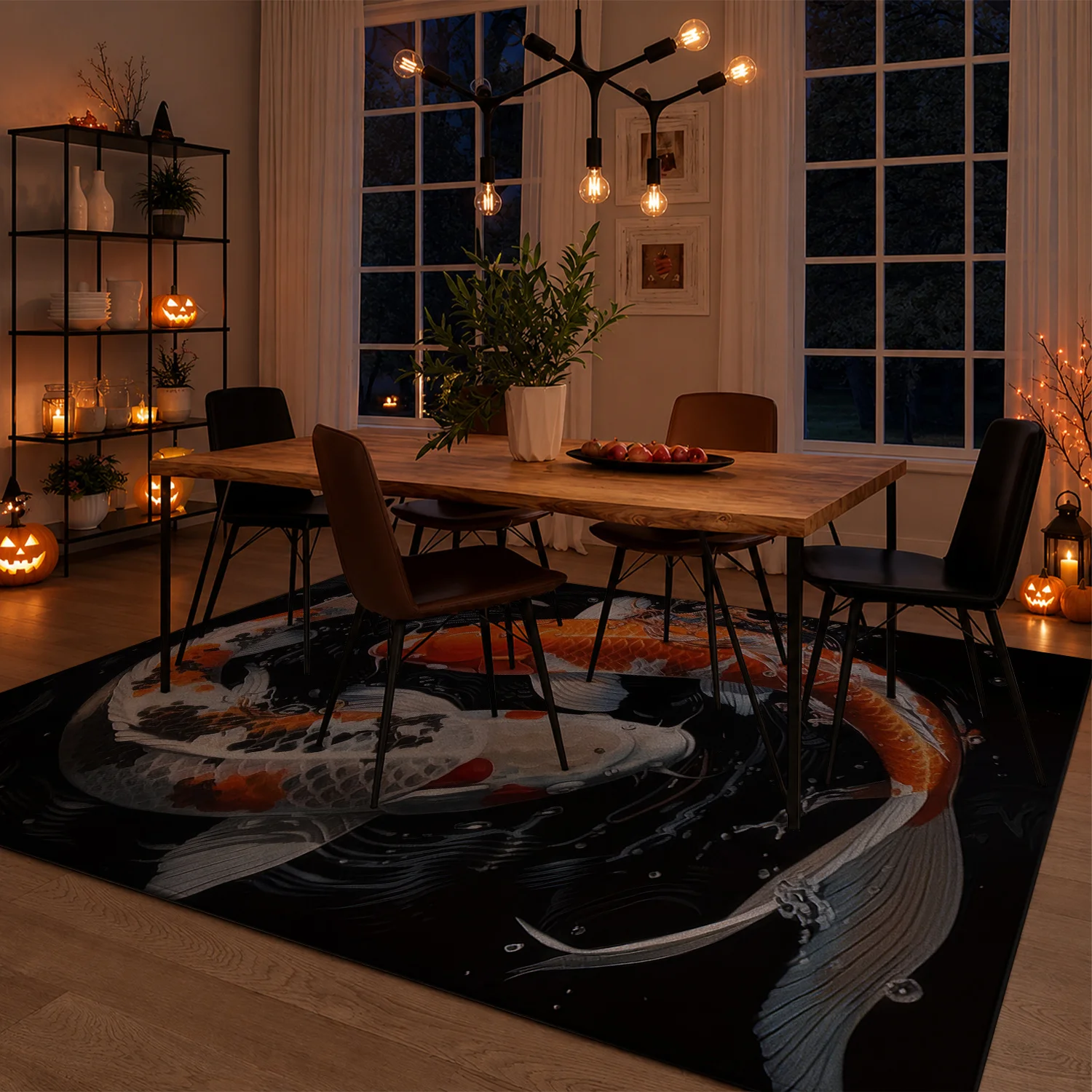 Large Indoor Area Rug, Soft Velvet Low Pile Non-slip Dotted Backing Machine Washable, Koi Fish Pattern on Black Background, Living Room Bedroom Decor, Oriental Style Floor Rug