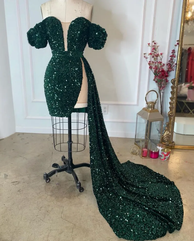 Dubai Sparkling Sexy Black Prom Dresses 2023 Short Party Wear Long Trail High Split Backless Pageant Evening Gown muslimah